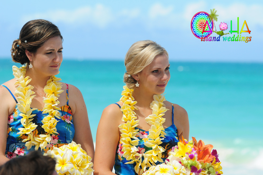 bridemaids wear yellow plumeria flower leis given by the wedding couple on the beach